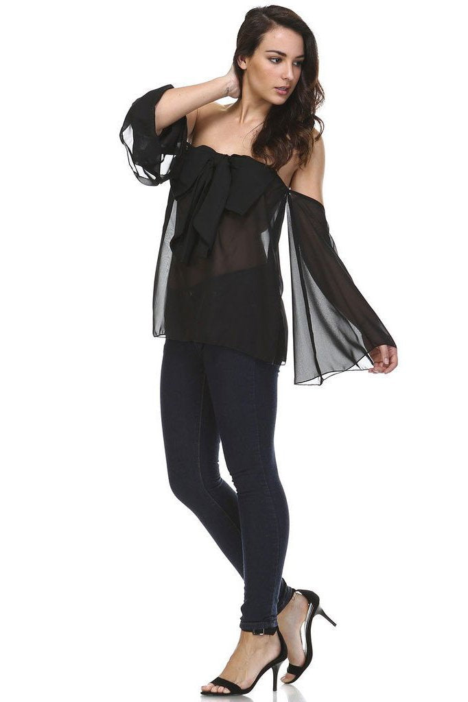 Women's Solid Black Cold Shoulder Bow Front Top Tops - Tophatter Daily Deals