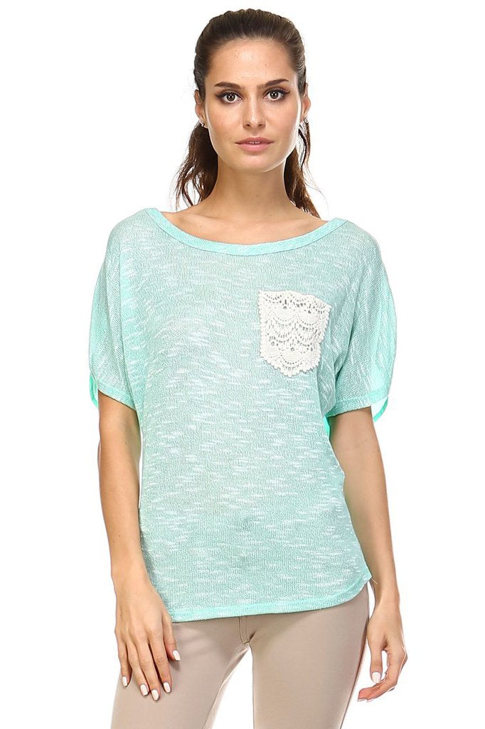 Women's Short Sleeve Lace Pocket Top Aqua Tops - Tophatter Daily Deals