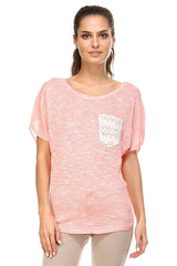 Women's Short Sleeve Lace Pocket Top Pink 3 Tops - Tophatter Daily Deals