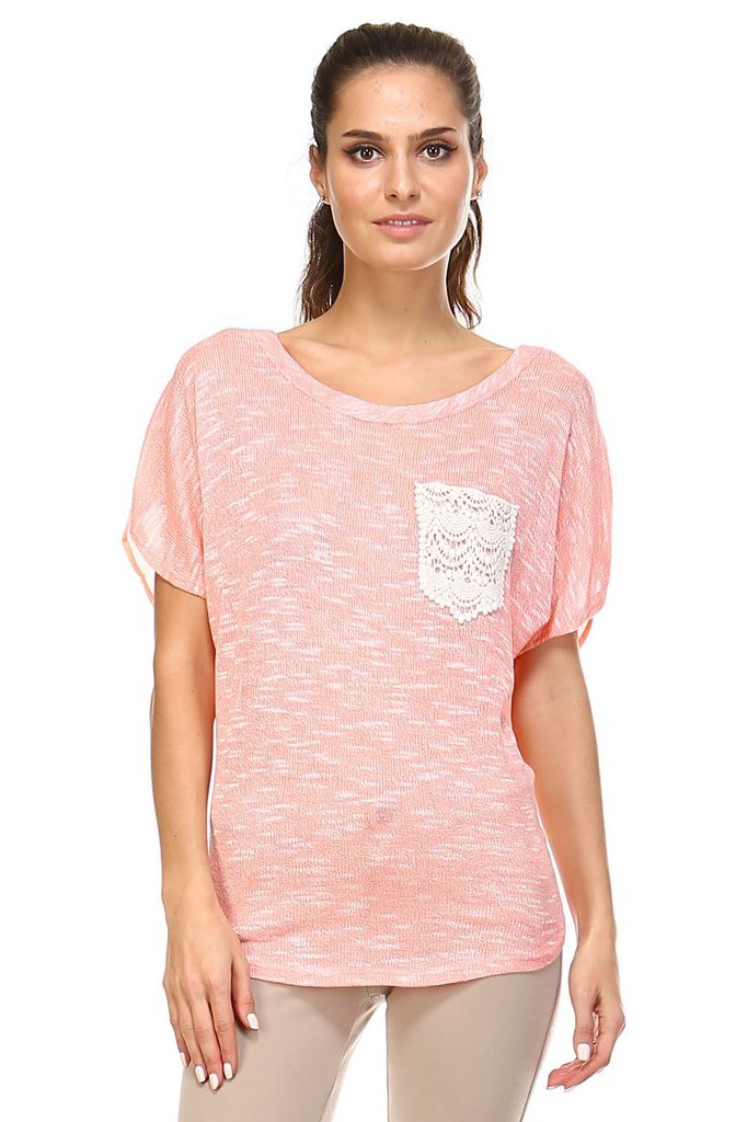 Women's Short Sleeve Lace Pocket Top Pink 3 Tops - Tophatter Daily Deals