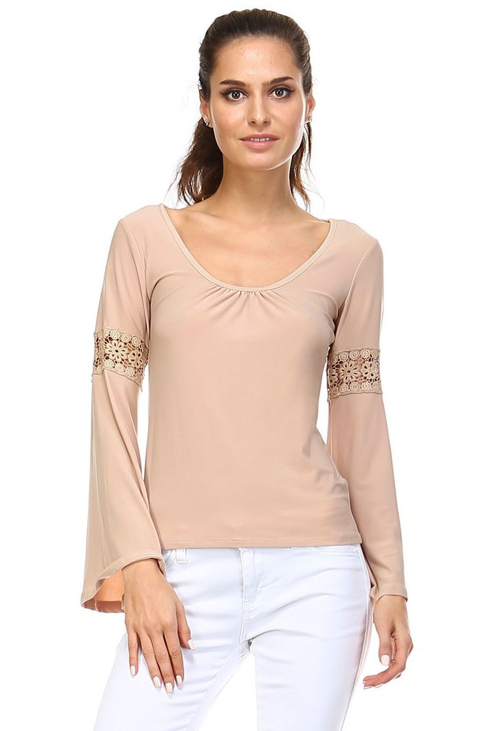 Women's Long Sleeve Knit Top with Crochet Sleeve Detail Nude 1 Tops - Tophatter Daily Deals