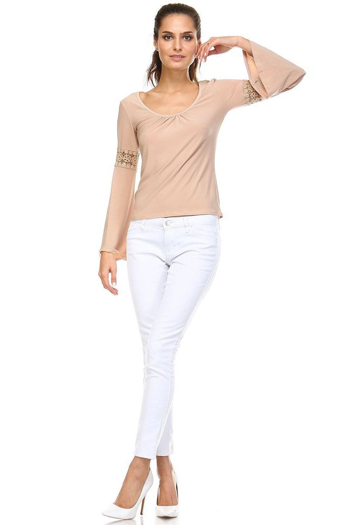 Women's Long Sleeve Knit Top with Crochet Sleeve Detail Tops - Tophatter Daily Deals