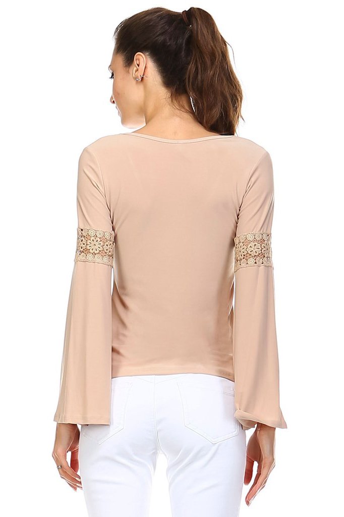 Women's Long Sleeve Knit Top with Crochet Sleeve Detail Tops - Tophatter Daily Deals