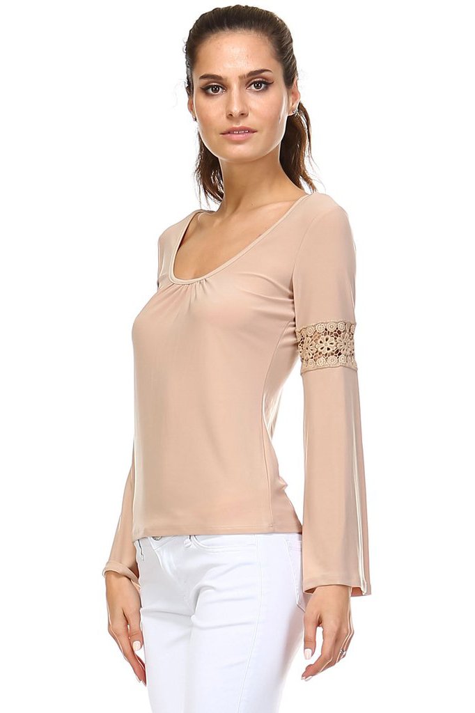 Women's Long Sleeve Knit Top with Crochet Sleeve Detail Tops - Tophatter Daily Deals