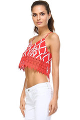 Women's Printed Halter Crop Top with Crochet Trim Tank - Tophatter Daily Deals