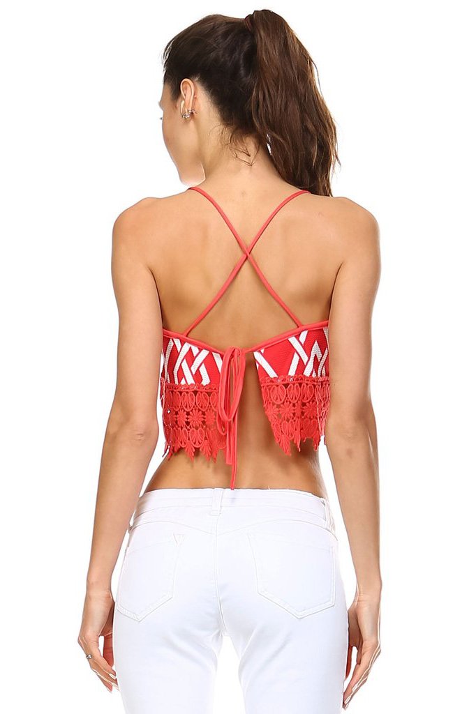Women's Printed Halter Crop Top with Crochet Trim Tank - Tophatter Daily Deals