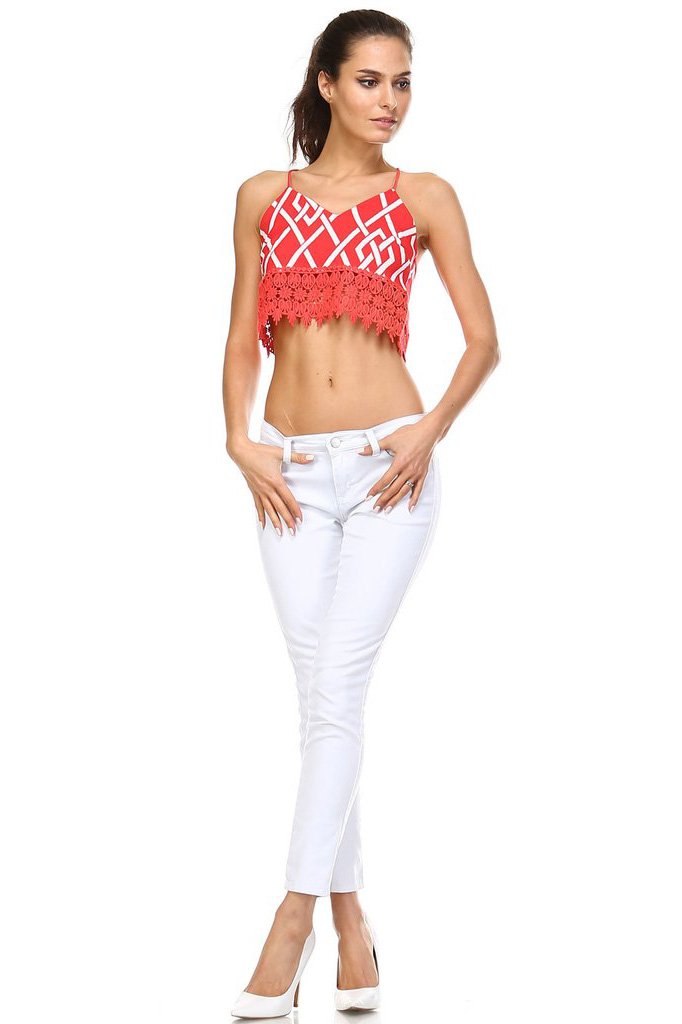 Women's Printed Halter Crop Top with Crochet Trim Tank - Tophatter Daily Deals