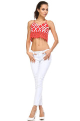 Women's Printed Halter Crop Top with Crochet Trim Tank - Tophatter Daily Deals