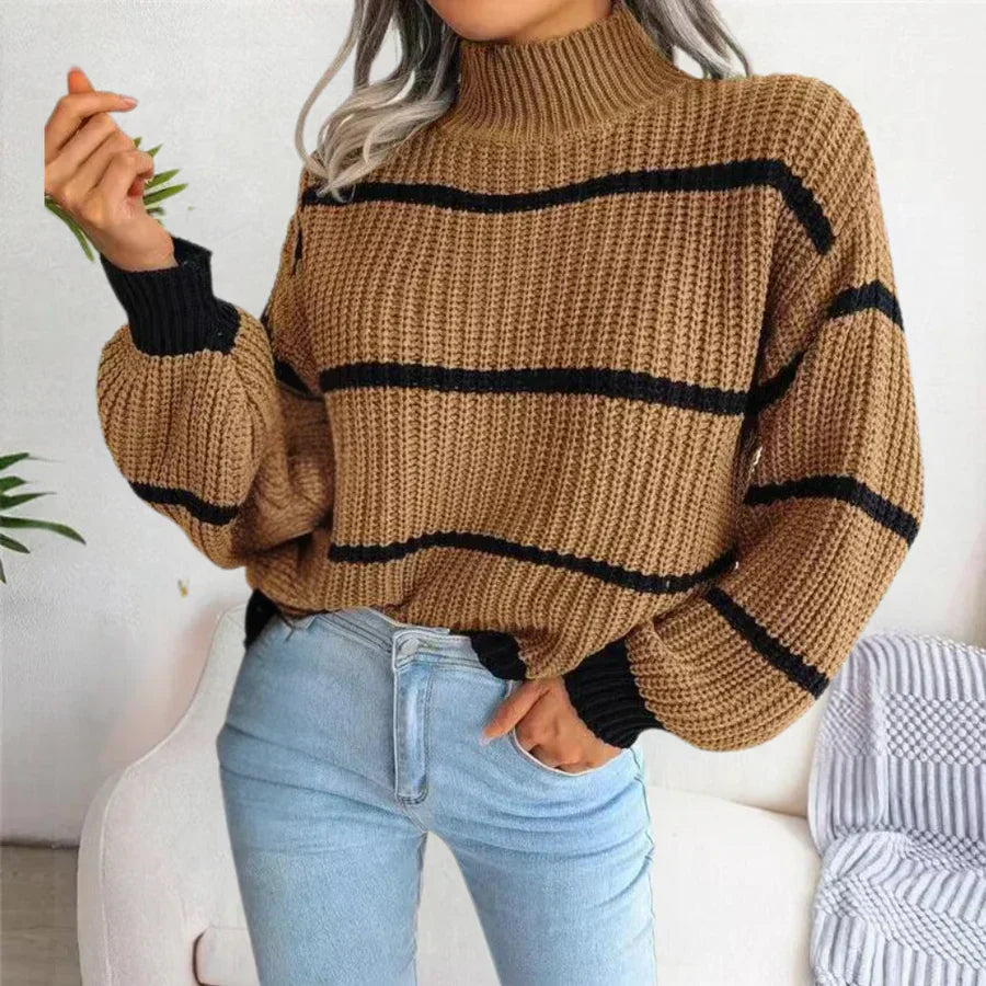 Warm Relaxed Women’s Pullover - Turtleneck Knit, Casual Khaki - Tophatter Daily Deals