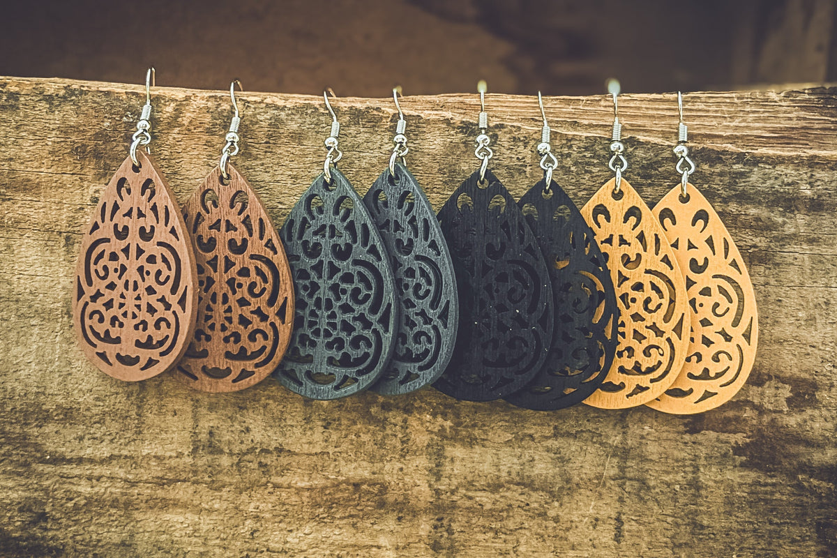 Set of Four Beautiful Carved Wood Earrings Earrings - Tophatter Daily Deals