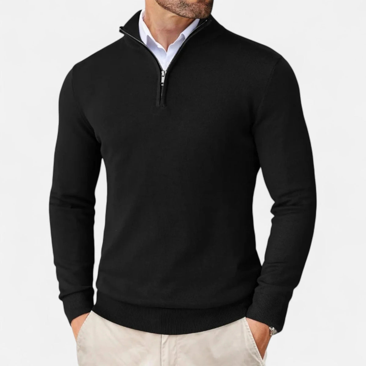 Lightweight Classic Men’s Knit Sweater - Zip Collar, Cotton Black - Tophatter Daily Deals