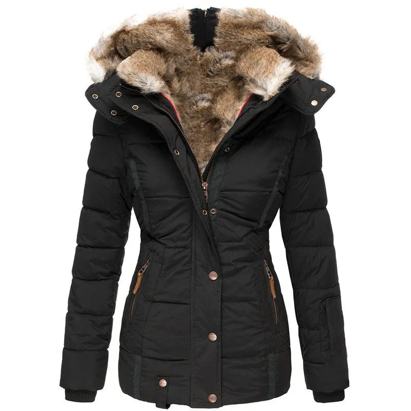 Warm Women’s Winter Coat - Quilted Midlength, Faux Fur Hood Black - Tophatter Daily Deals