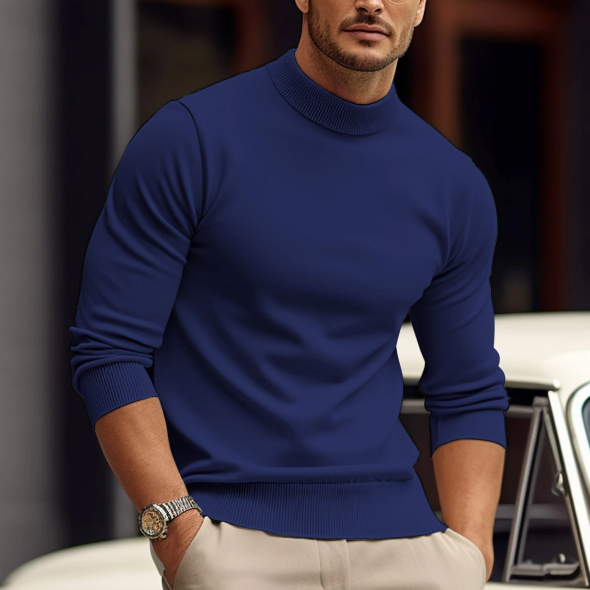 Soft Classic Men's Sweater - Slim Mock Neck, Cotton, Casual Blue - Tophatter Daily Deals