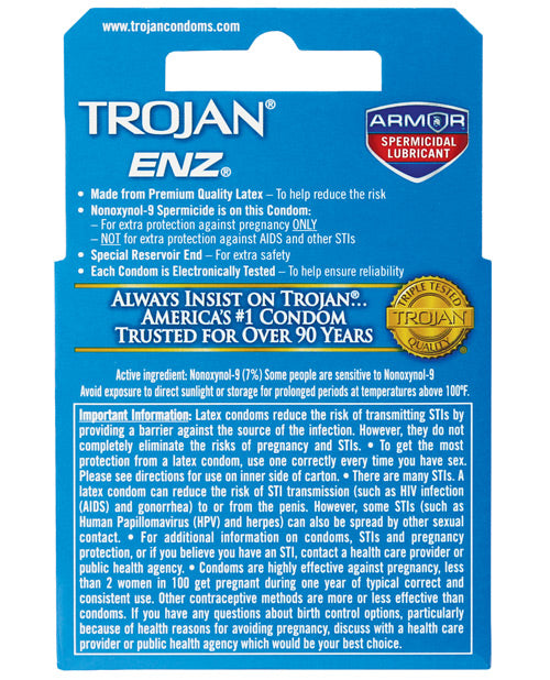 Trojan Enz Spermicidal Lubricated Condoms - Box Of 3 Condoms - Tophatter Daily Deals