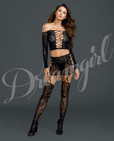 Lace Long Sleeve Crop Top & Garterskirt W-stockings Black O-s Default Title All Undergarments - Tophatter Daily Deals