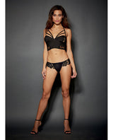 Lace & Microfiber W-zipper Front Adjustable T-back Halter & G-string Black 32 Default Title Undergarments - Tophatter Daily Deals