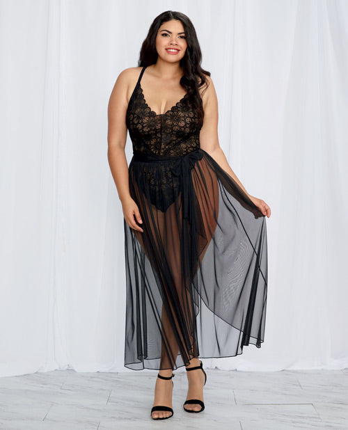 Stretch Lace Teddy & Sheer Mesh Maxi Skirt W-adjustable Straps & G-string Black 3x Default Title Plus Undergarments - Tophatter Daily Deals