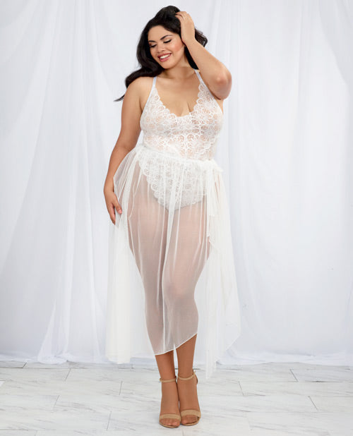 Stretch Lace Teddy & Sheer Mesh Maxi Skirt W-adjustable Straps & G-string White 1x Default Title Plus Undergarments - Tophatter Daily Deals