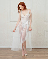 Stretch Lace Teddy & Sheer Mesh Maxi Skirt W-adjustable Straps & G-string White Md Default Title Undergarments - Tophatter Daily Deals