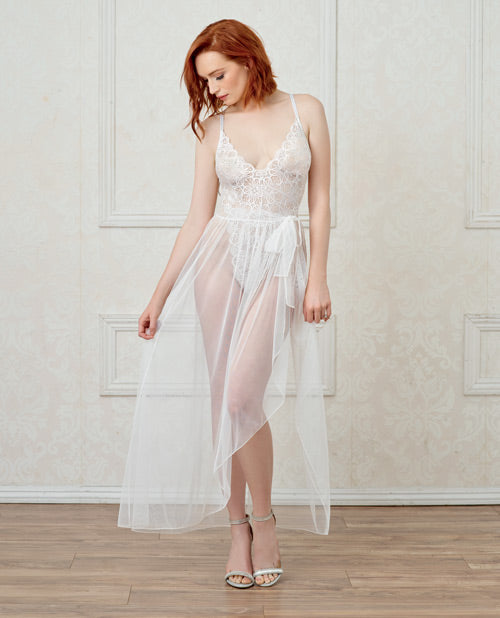 Stretch Lace Teddy & Sheer Mesh Maxi Skirt W-adjustable Straps & G-string White Xl Default Title Undergarments - Tophatter Daily Deals