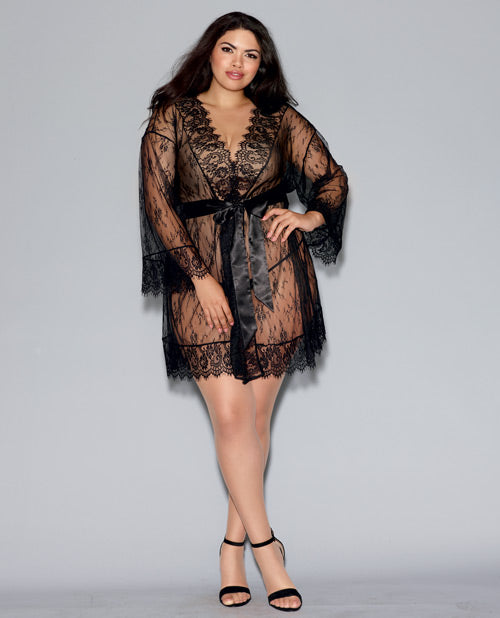 Long Sleeved Lace Kimono Robe W-eyelash Trim & Attch. Satin Belt Black 2x Default Title Plus Undergarments - Tophatter Daily Deals