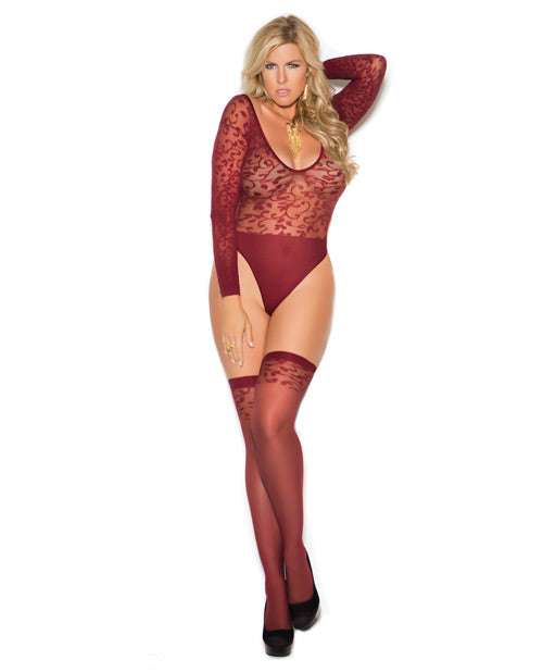 Sheer Burnout Long Sleeve Teddy & Matching Stockings Burgundy Qn Default Title All Undergarments - Tophatter Daily Deals