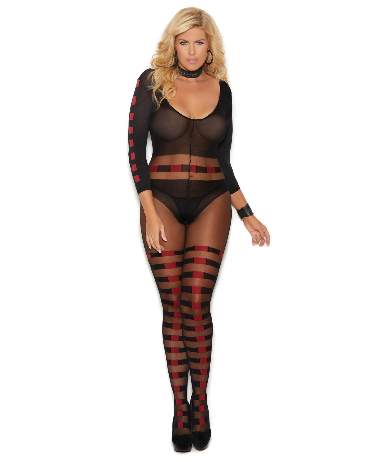 Vivace Sheer & Opaque Long Sleeve Bodystocking W-horizontal Stripes & Open Crotch Black O-q Default Title Plus Undergarments - Tophatter Daily Deals