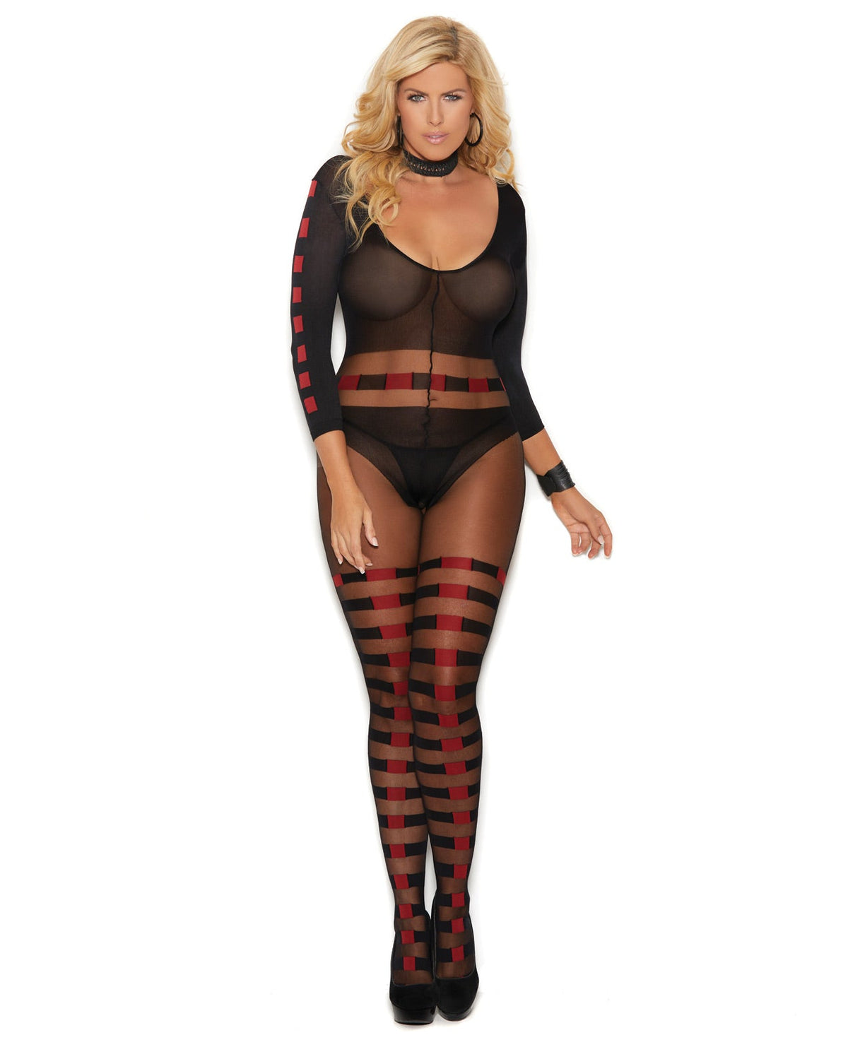 Vivace Sheer & Opaque Long Sleeve Bodystocking W-horizontal Stripes & Open Crotch Black O-q Default Title Plus Undergarments - Tophatter Daily Deals