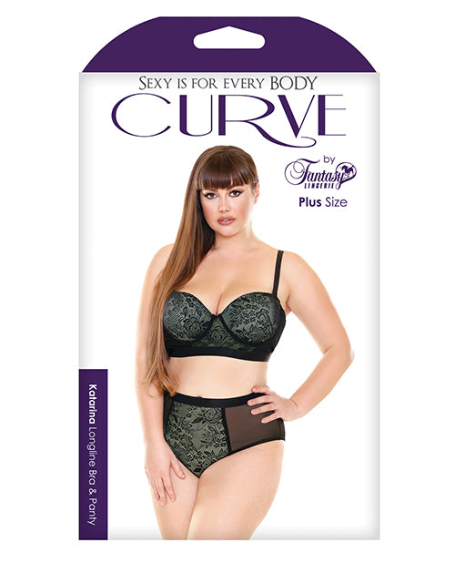 Curve Katrina Long Line Bra W-matching High Waist Lace Panty Black-lime Green 3x-4x All Undergarments - Tophatter Daily Deals