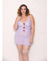 Lace & Mesh Chemise W-lightly Padded Underwire Cups, Garter & G-string Lavender 3x Default Title Plus Undergarments - Tophatter Daily Deals