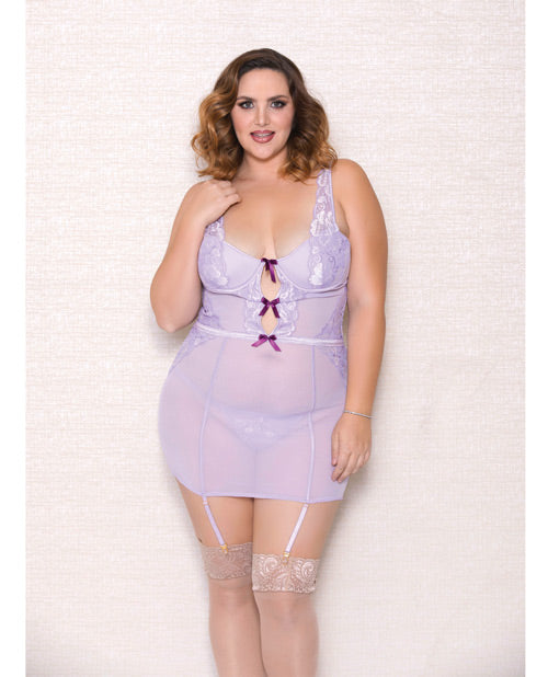 Lace & Mesh Chemise W-lightly Padded Underwire Cups, Garter & G-string Lavender 3x Default Title Plus Undergarments - Tophatter Daily Deals