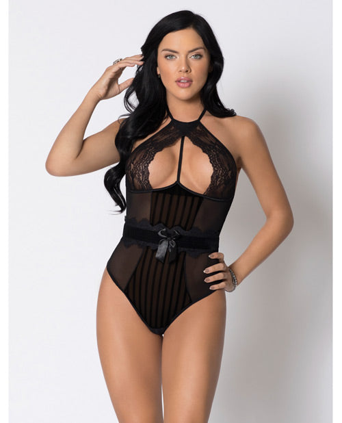 Halter Striped Mesh & Lace Teddy W-underwire Lace, Velvet Waistband & Lace Trim Black Sm Default Title Undergarments - Tophatter Daily Deals