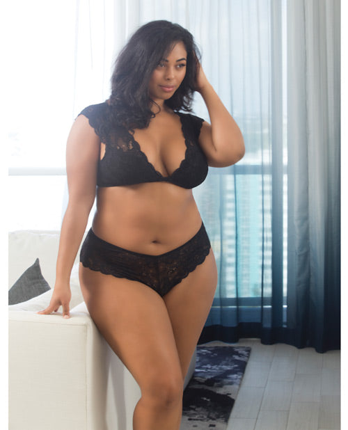 Suzette Lace Bralette W-cap Sleeve & Removable Pads & Lace Panty Black 3x Default Title Plus Undergarments - Tophatter Daily Deals