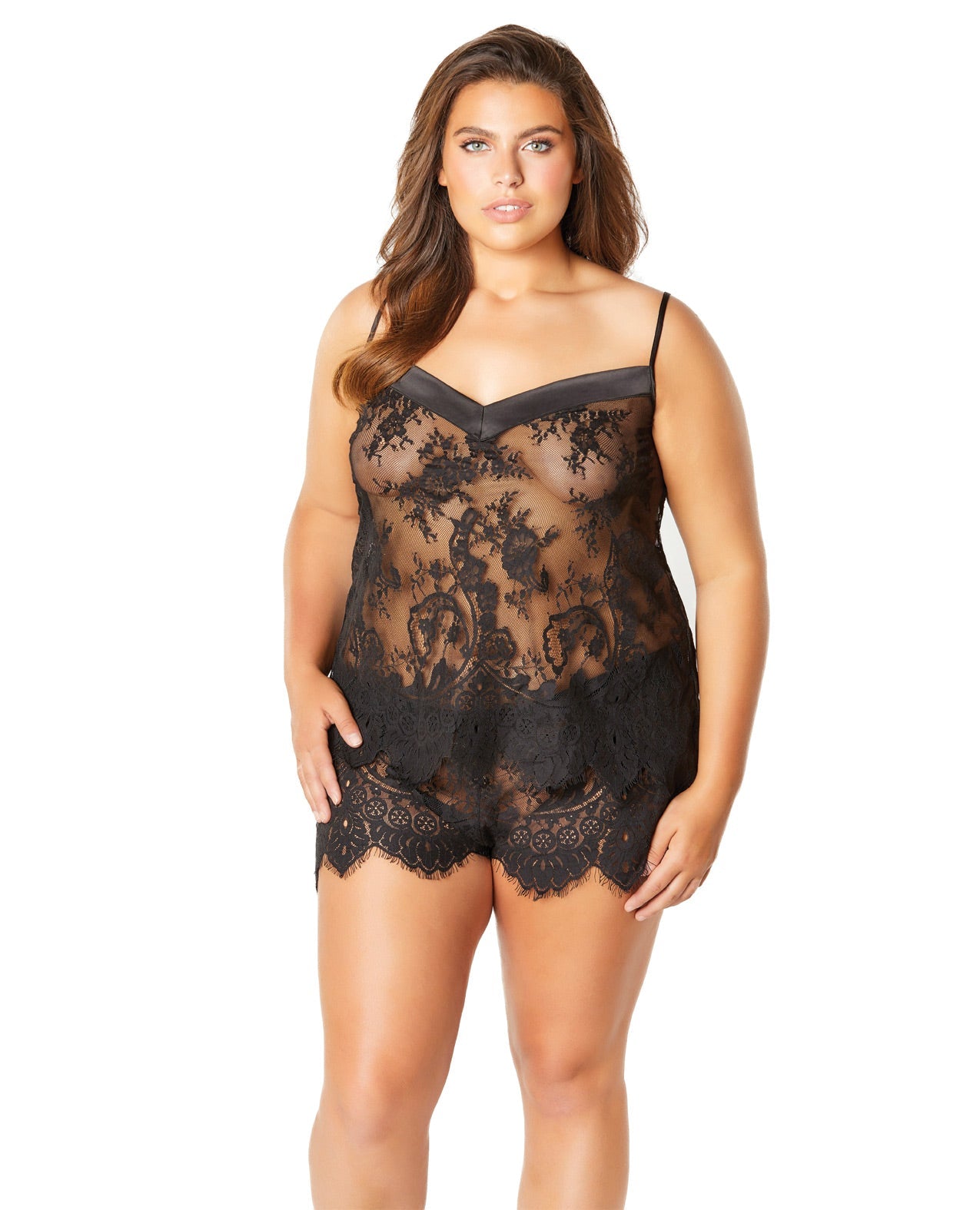 Full Eyelash Lace Camisole & Short W-stretch Satin Edge Black 3x Default Title Plus Undergarments - Tophatter Daily Deals