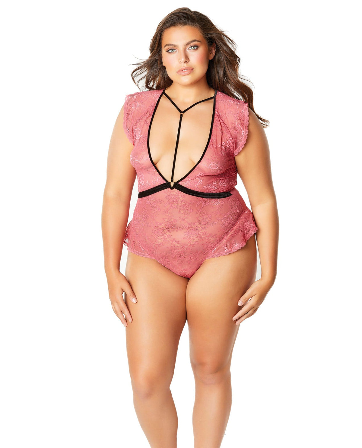 Flutter Sleeve Plunge Bodysuit W-velvet Edges & Harness Neckline Holly Berry-black 4x Default Title Plus Undergarments - Tophatter Daily Deals