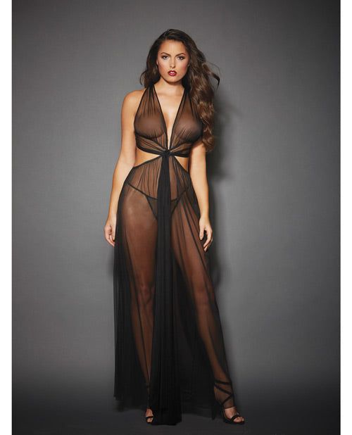 Sheer Mesh Gown W-cut Out Sides & Ties In Back W-g-string Black O-s Default Title Undergarments - Tophatter Daily Deals