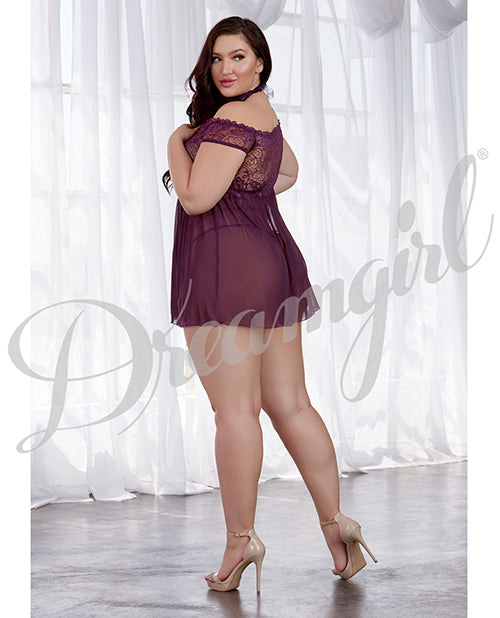 Lace Bandeau & Sheer Babydoll W-choker Collar & G-string Plum Qn All Undergarments - Tophatter Daily Deals