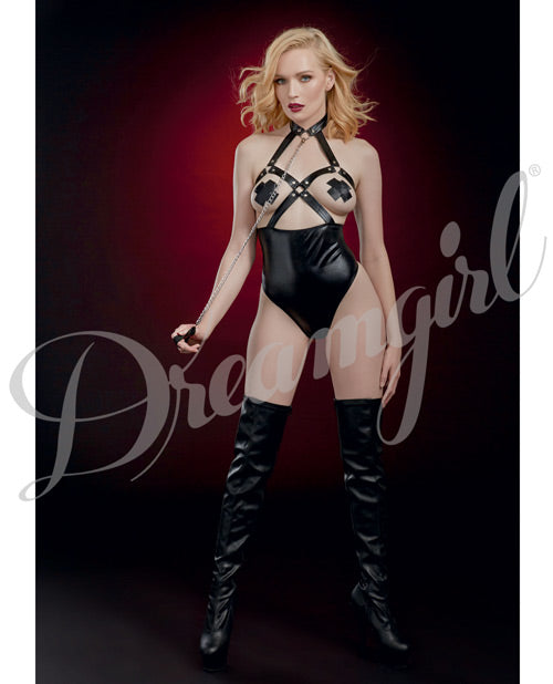 Fetish Open Breast Collared Teddy W-leash Black O-s Default Title All Undergarments - Tophatter Daily Deals