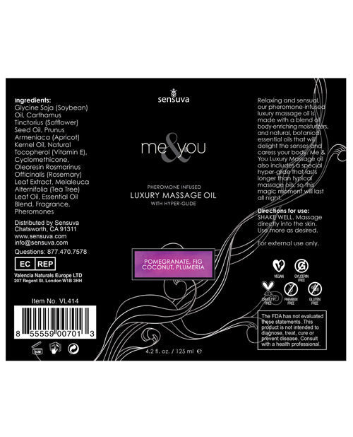 Sensuva Me & You Massage Oil - 4.2 Oz Pomegranate Fig-coconut Plumeria Massage Oils, Lotions, Creams & Gels - Tophatter Daily Deals