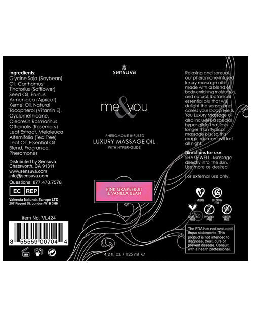 Sensuva Me & You Massage Oil - 4.2 Oz Grapefruit Vanilla Massage Oils, Lotions, Creams And Gels - Tophatter Daily Deals