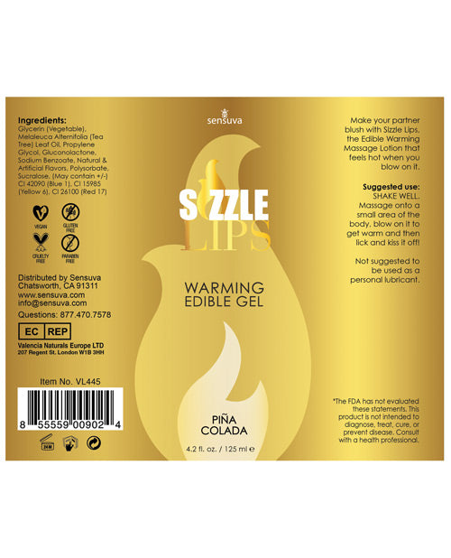 Sensuva Sizzle Lips Warming Gel - 4.2 Oz Pina Colada Sexual Enhancers - Tophatter Daily Deals