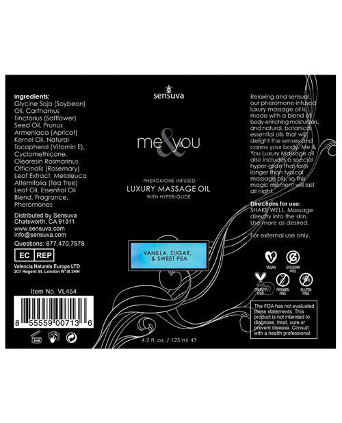 Sensuva Me & You Massage Oil - 4.2 Oz Vanilla Sugar Sweet Pea Massage Oils, Lotions, Creams & Gels - Tophatter Daily Deals