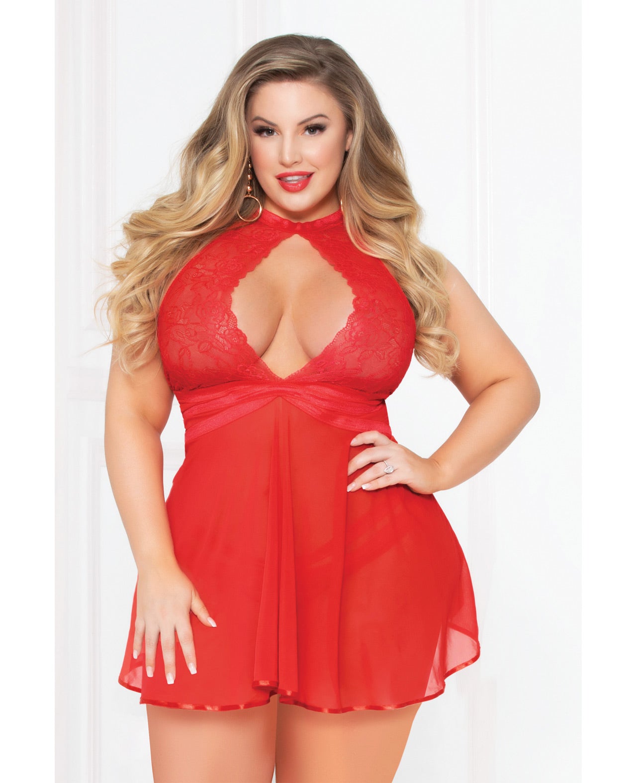 Lace Mesh Babydoll W-strappy Waist & Panty W-criss Cross Waistband Red 3x-4x Default Title Plus Undergarments - Tophatter Daily Deals