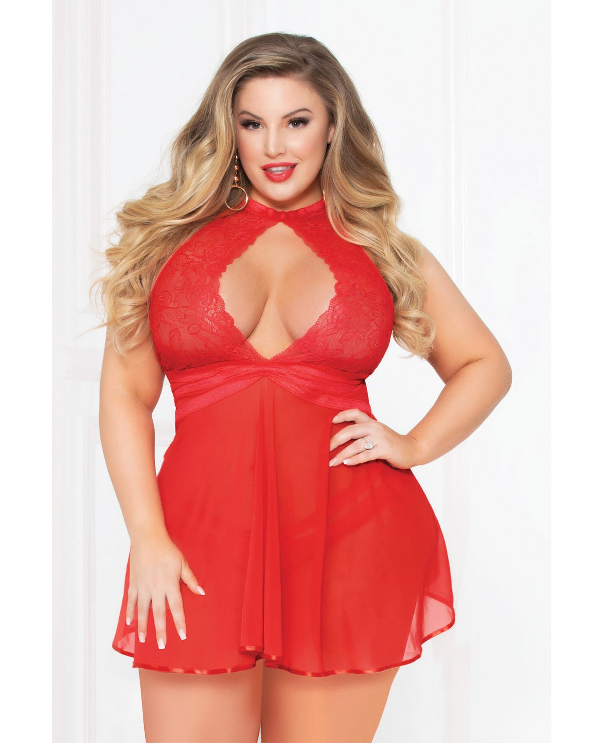 Lace Mesh Babydoll W-strappy Waist & Panty W-criss Cross Waistband Red 3x-4x Default Title Plus Undergarments - Tophatter Daily Deals