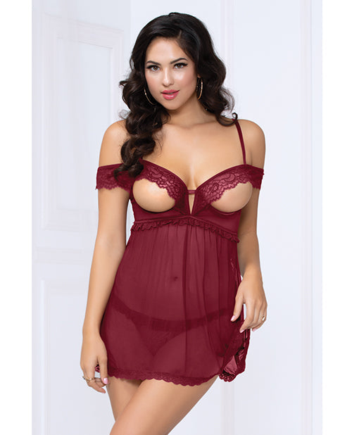 Lace & Mesh Open Cups Babydoll W-fly Away Back & Panty Wine Md Default Title All Undergarments - Tophatter Daily Deals