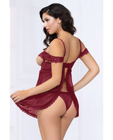 Lace & Mesh Open Cups Babydoll W-fly Away Back & Panty Wine Md All Undergarments - Tophatter Daily Deals