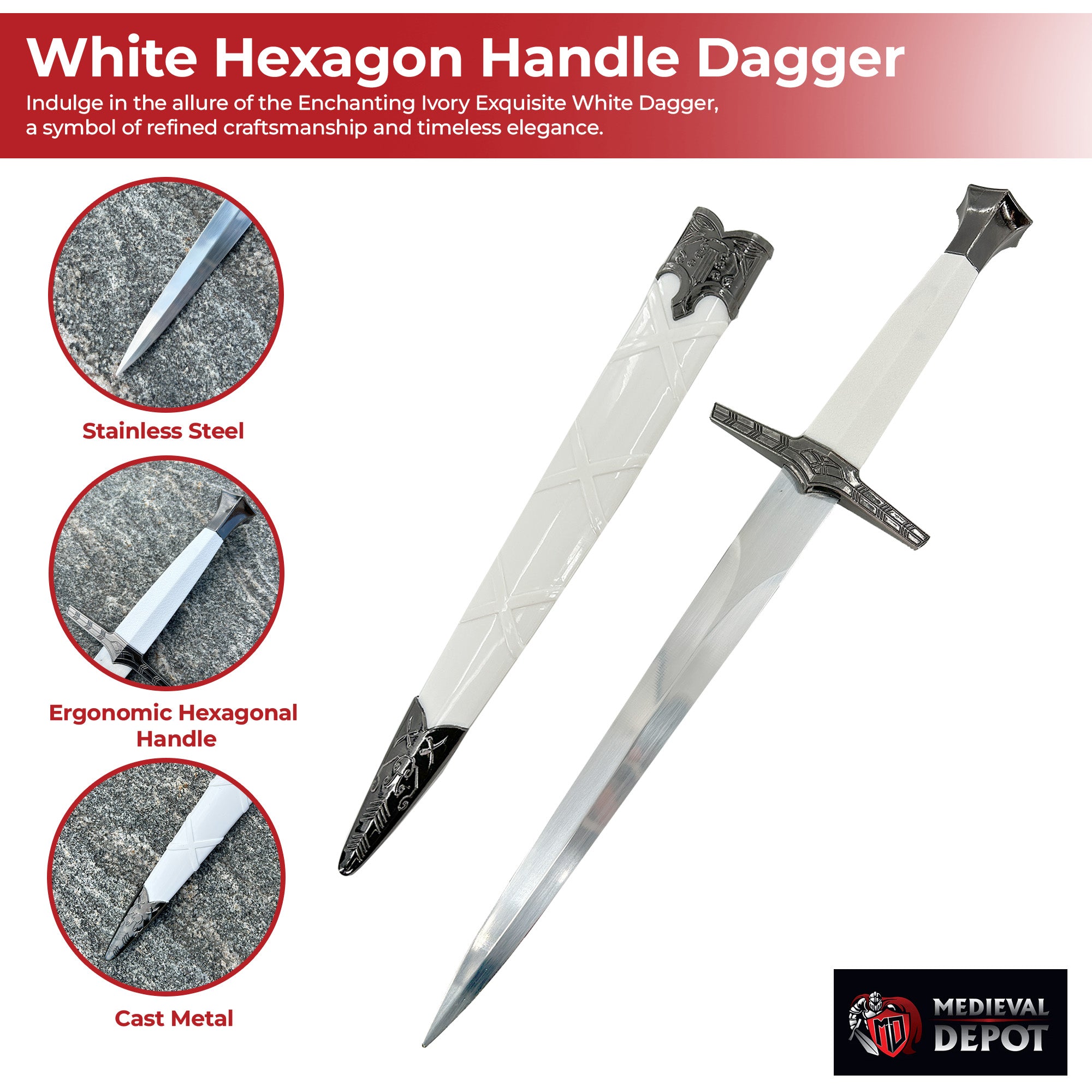 Enchanting Ivory Exquisite White Hexagon Handle Dagger with Metal Fittings Dagger - Tophatter Daily Deals