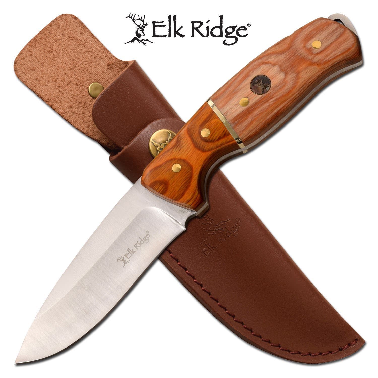 Hunting Knife Drop Point Blade Wood Handle Full Tang + Leather Sheath - Tophatter's Army Products & Self Defense Collectible Weapons - Tophatter Daily Deals