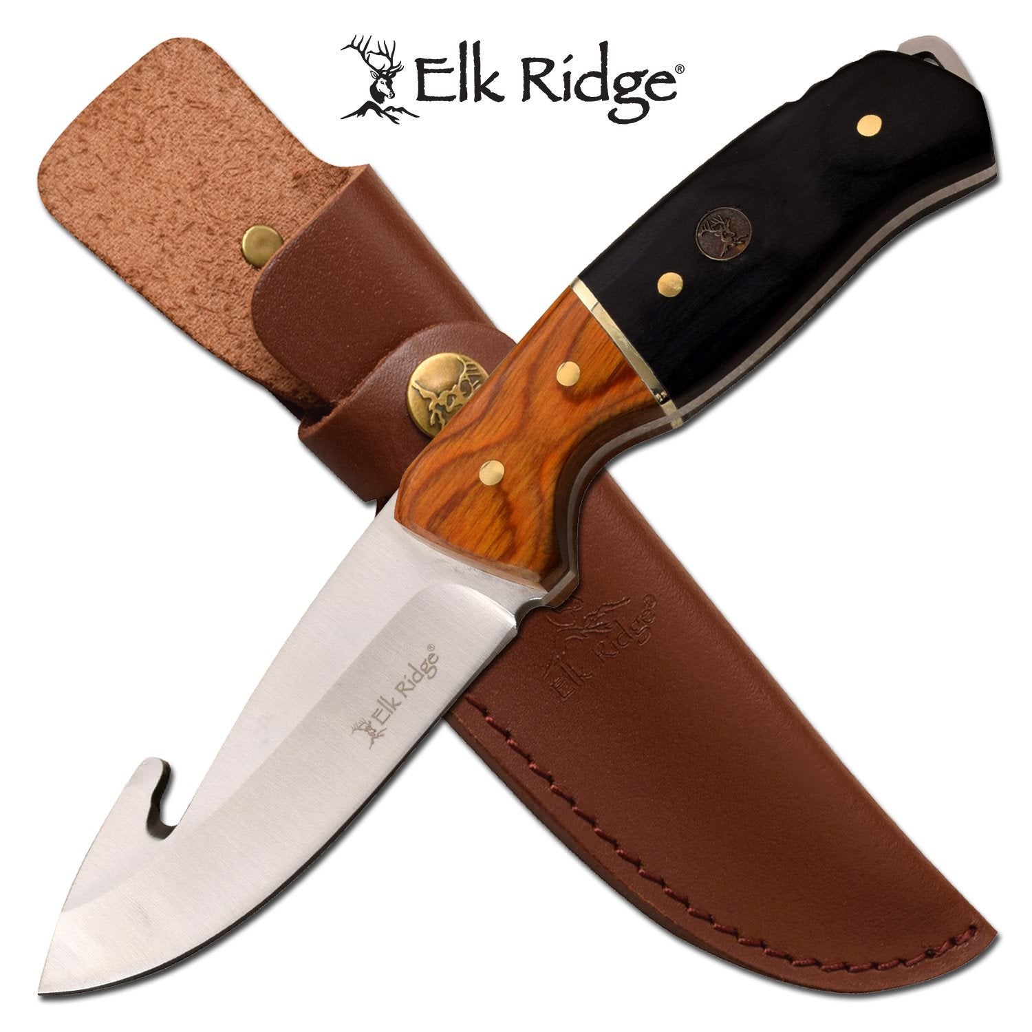 Hunting Knife Gut Hook Blade Black Wood Handle Full Tang + Sheath - TOPHATTER'S ARMORY DEALS Collectible Weapons - Tophatter Daily Deals