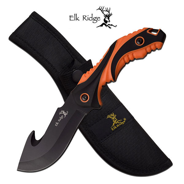 Elk Ridge 9.2 Inch Fixed Blade Gut Hook Hunting Knife Orange Black Collectible Weapons - Tophatter Daily Deals
